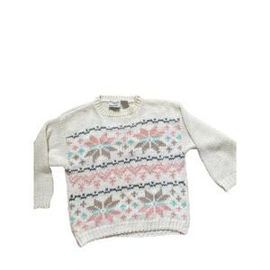Vintage Midnight Blue Hand Knit Fair Isle Sweater Cream Pink Nordic 80s S M